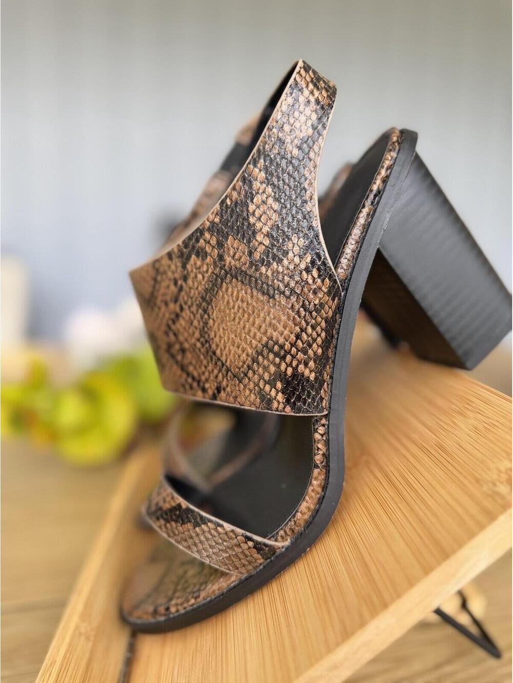 French Connection Lori Heel Brown Black Snakeskin Print Sandal US 8 Block Boho